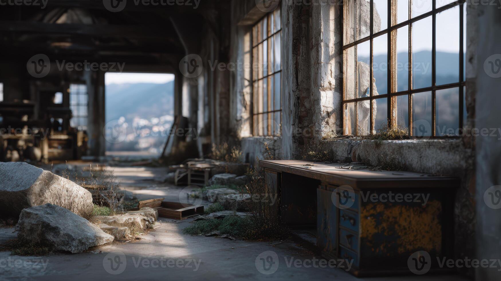 Desolate interior shows ruin decay and sunlight streaming through abandoned building windows casting shadows on an old desk and rubble photo