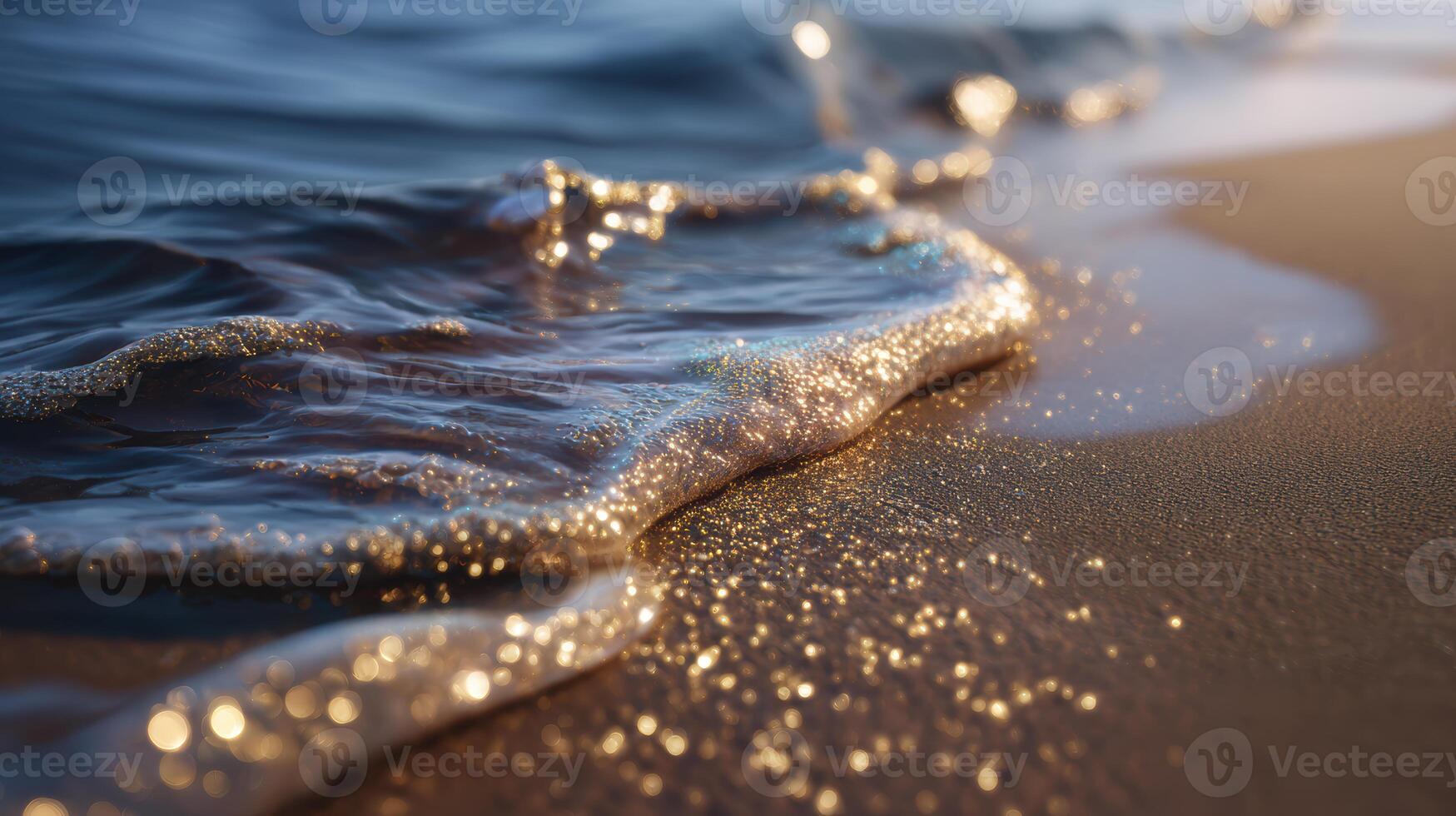 Golden light kisses the ocean waves as they roll gently onto the sandy beach in a serene coastal landscape photo