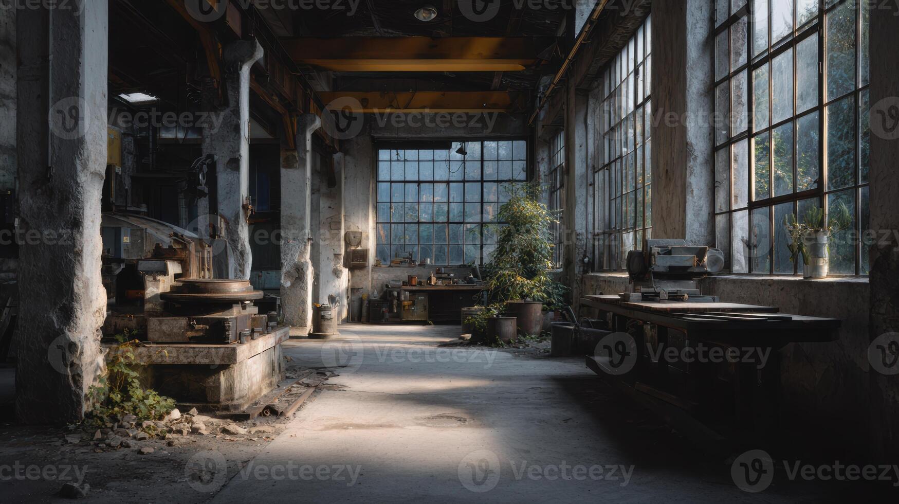 Open airy vintage factory interior with abundant sunlight shining on greenery and machinery evoking a sense of spaciousness and potential photo