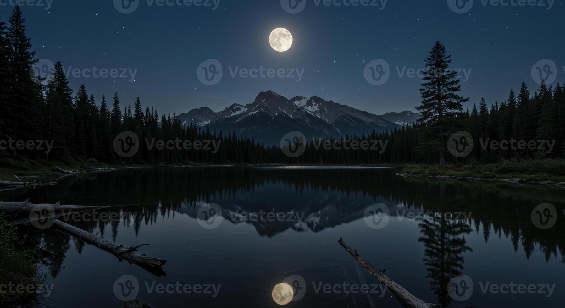 Full moon illuminates a tranquil lake reflecting mountains and starry skies at night creating a serene nature landscape photo