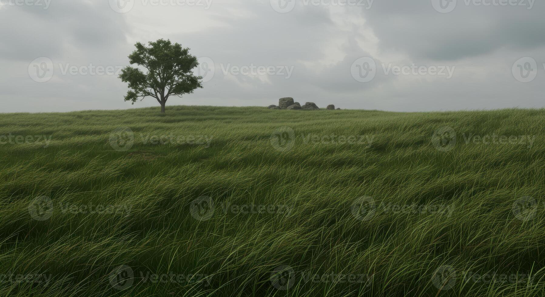 Serene green field with a single tree against cloudy sky evokes a sense of calm nature and peaceful landscape photo