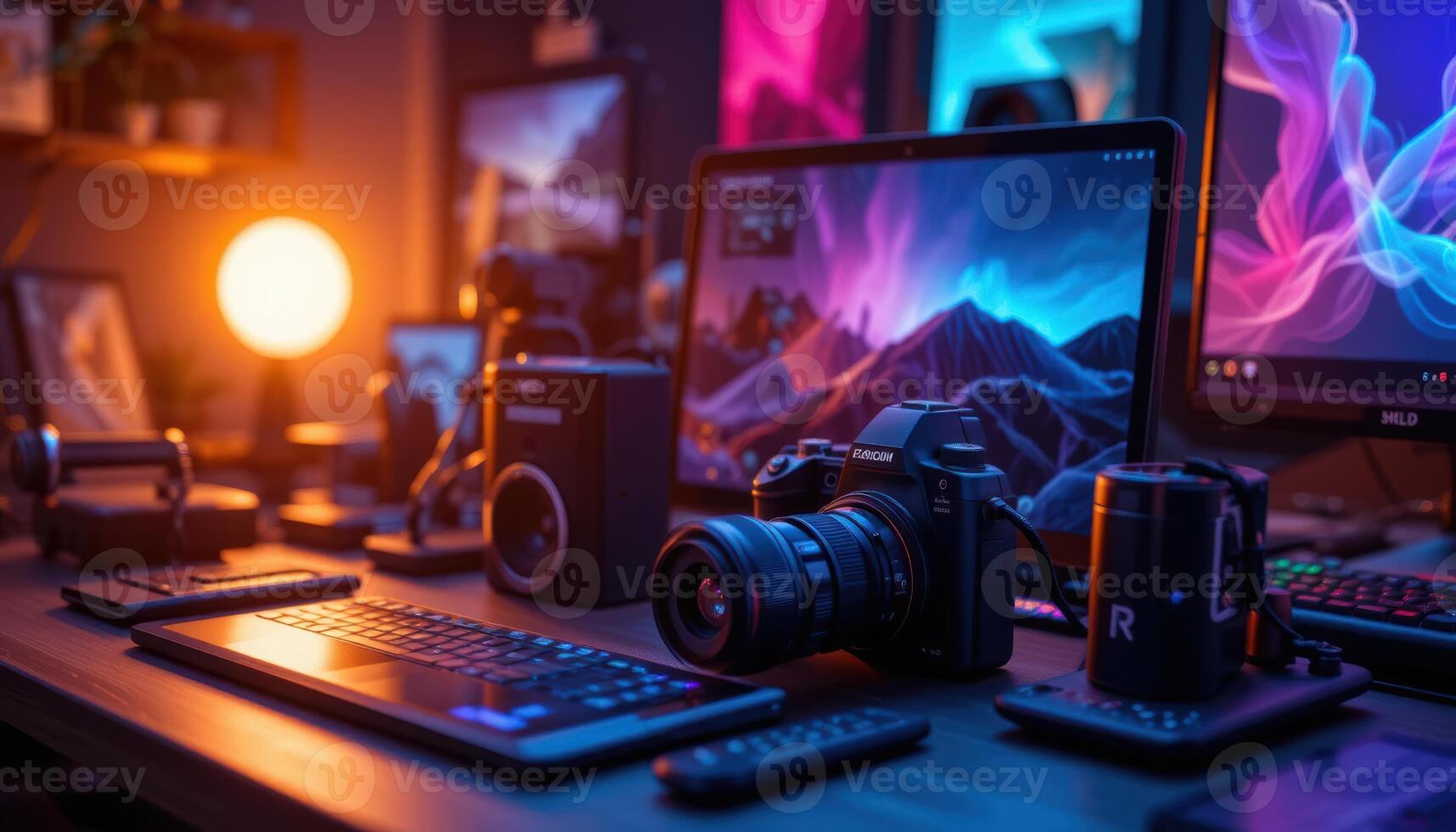 Modern professional workspace featuring camera laptop and audio setup offering a stylish atmosphere for creatives and digital work photo