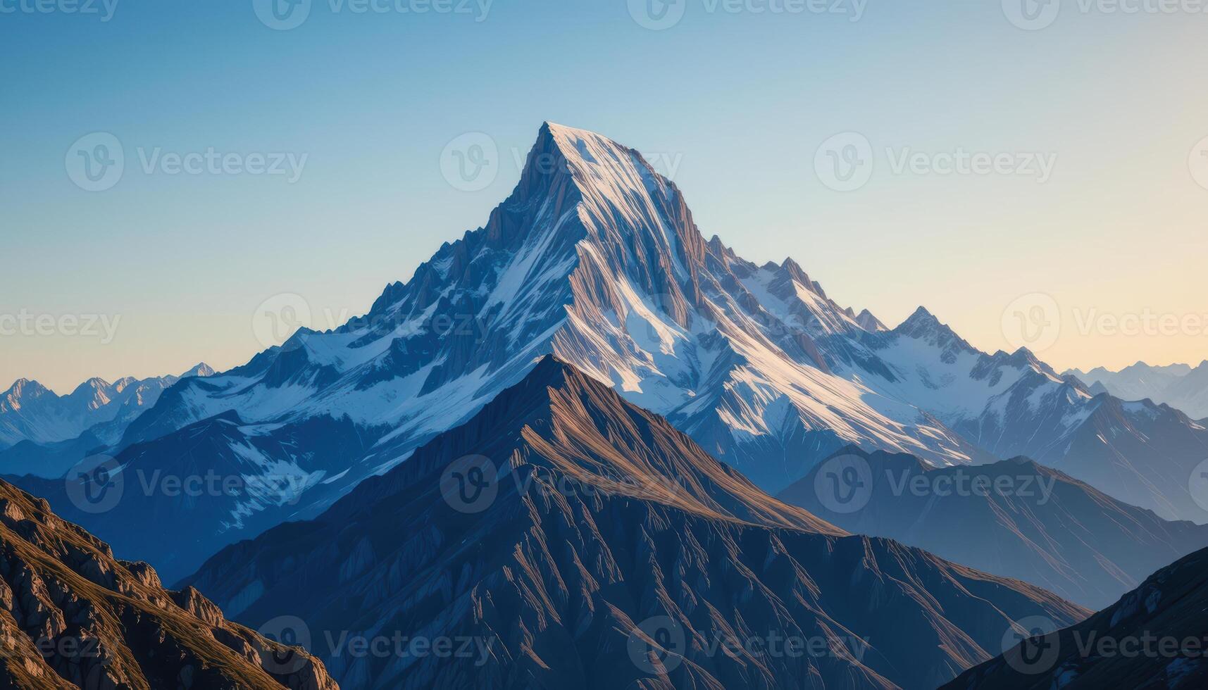 Majestic mountain peaks covered in snow against a vibrant blue sky inspiring adventure and breathtaking panoramic views photo