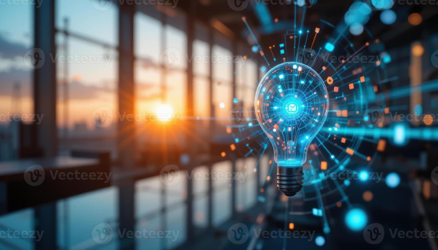 Futuristic glowing lightbulb illuminating innovative technological solutions and interconnected networks against a vibrant sunrise photo