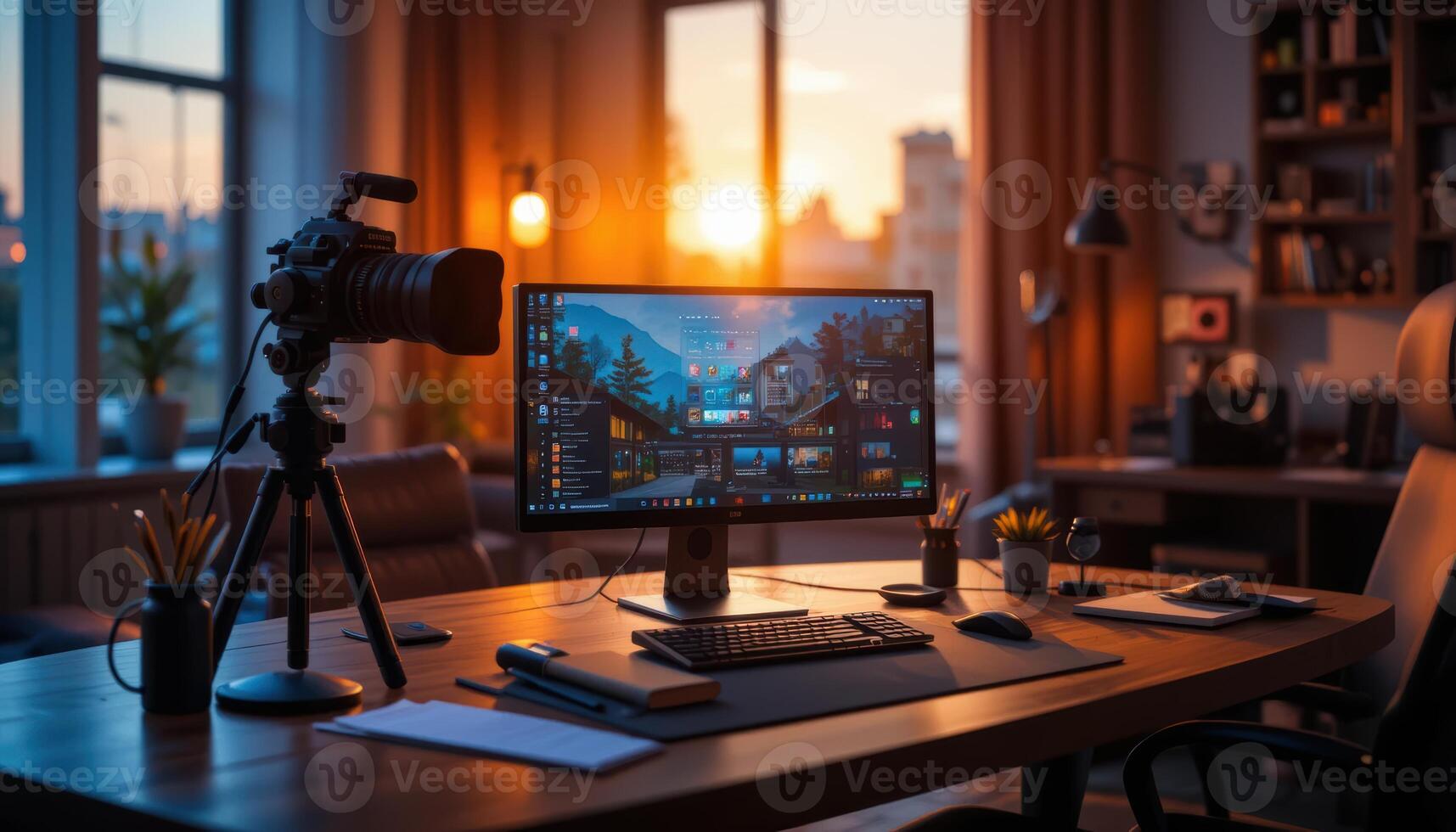 Inviting modern office setup with computer and camera bathed in warm sunset light for creative work and digital media production photo