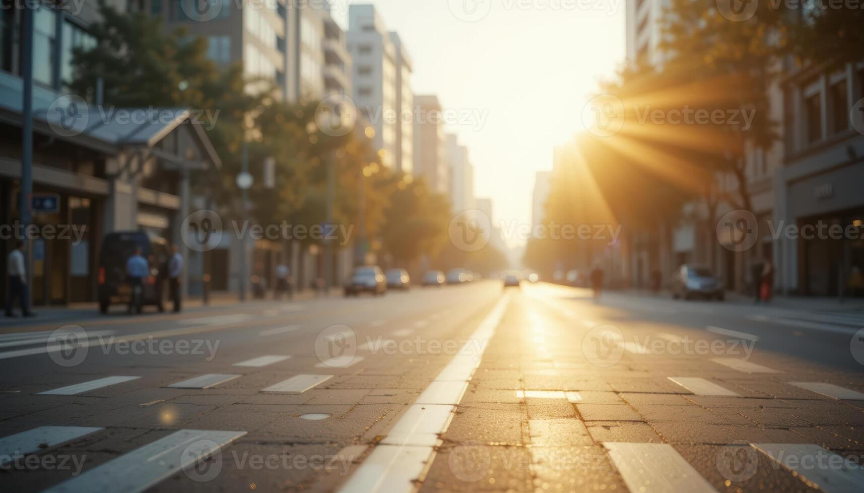 Warm sunlight bathes a bustling city street lined with buildings trees and cars creating an inviting urban scene photo