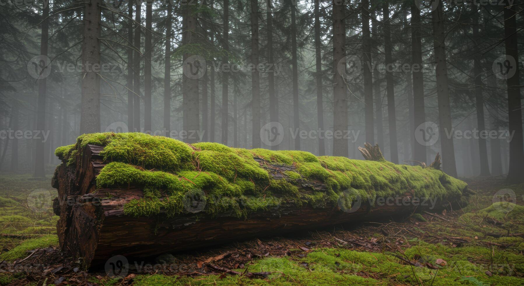 Moss covered fallen tree log in a misty forest evoking serenity and the untouched beauty of a peaceful woodland environment photo