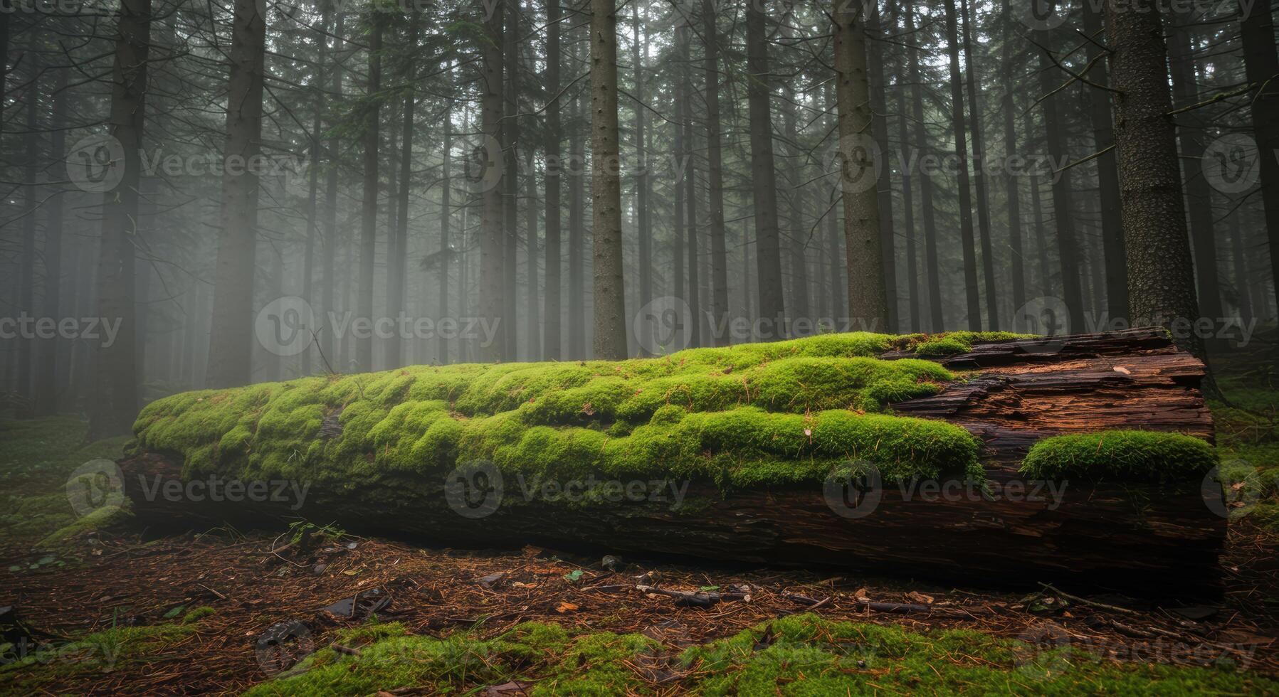 Serene moss covered log in a misty forest landscape embodies natures resilience and beauty photo