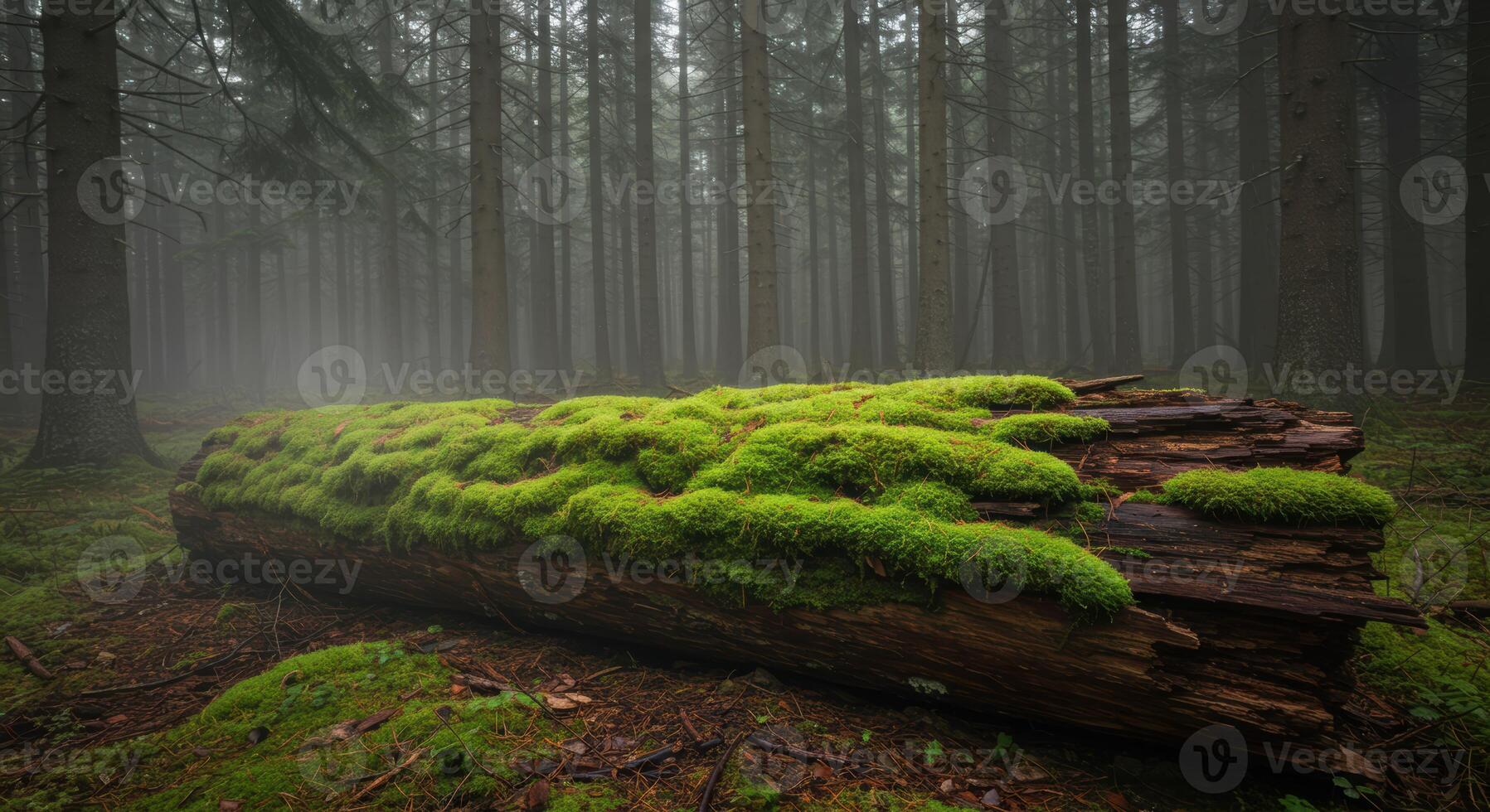 Mossy tree trunk in a serene foggy forest offering an authentic view into the natural beauty of the woods photo