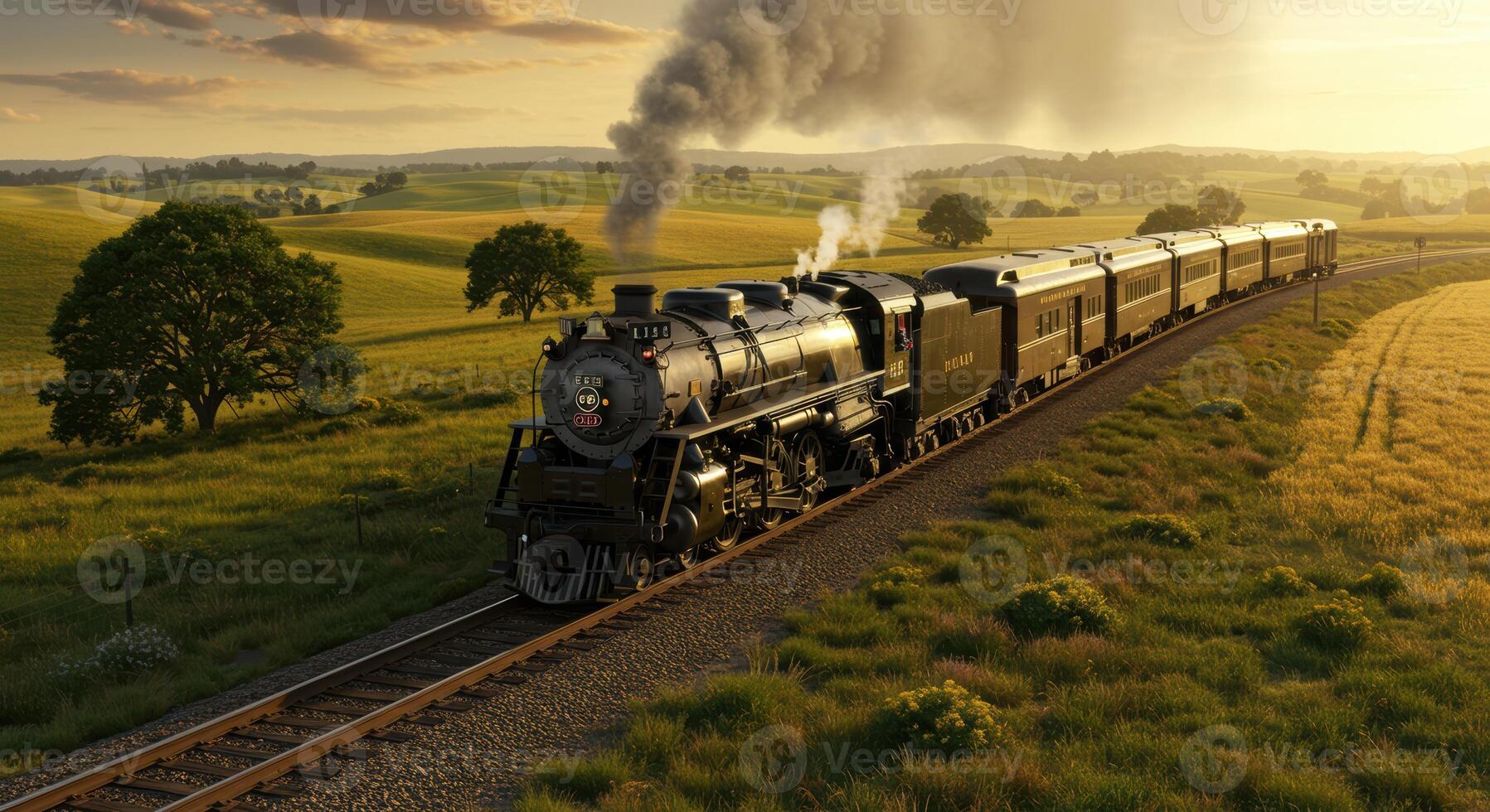 Vintage steam train gracefully traverses a picturesque landscape evoking timeless travel and the romantic allure of a bygone era photo