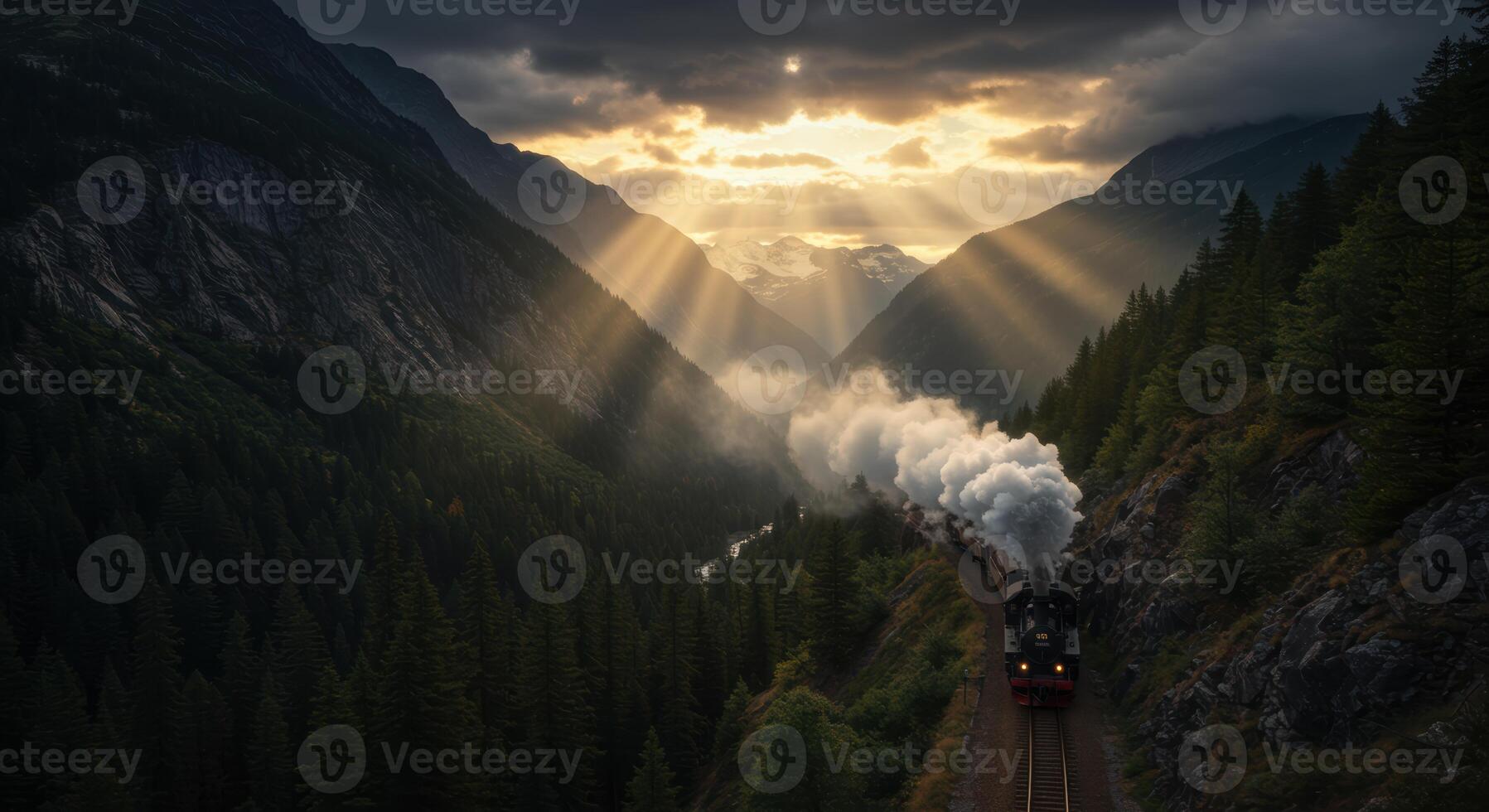 Spectacular steam train traverses a breathtaking mountain valley under radiant sunlight photo