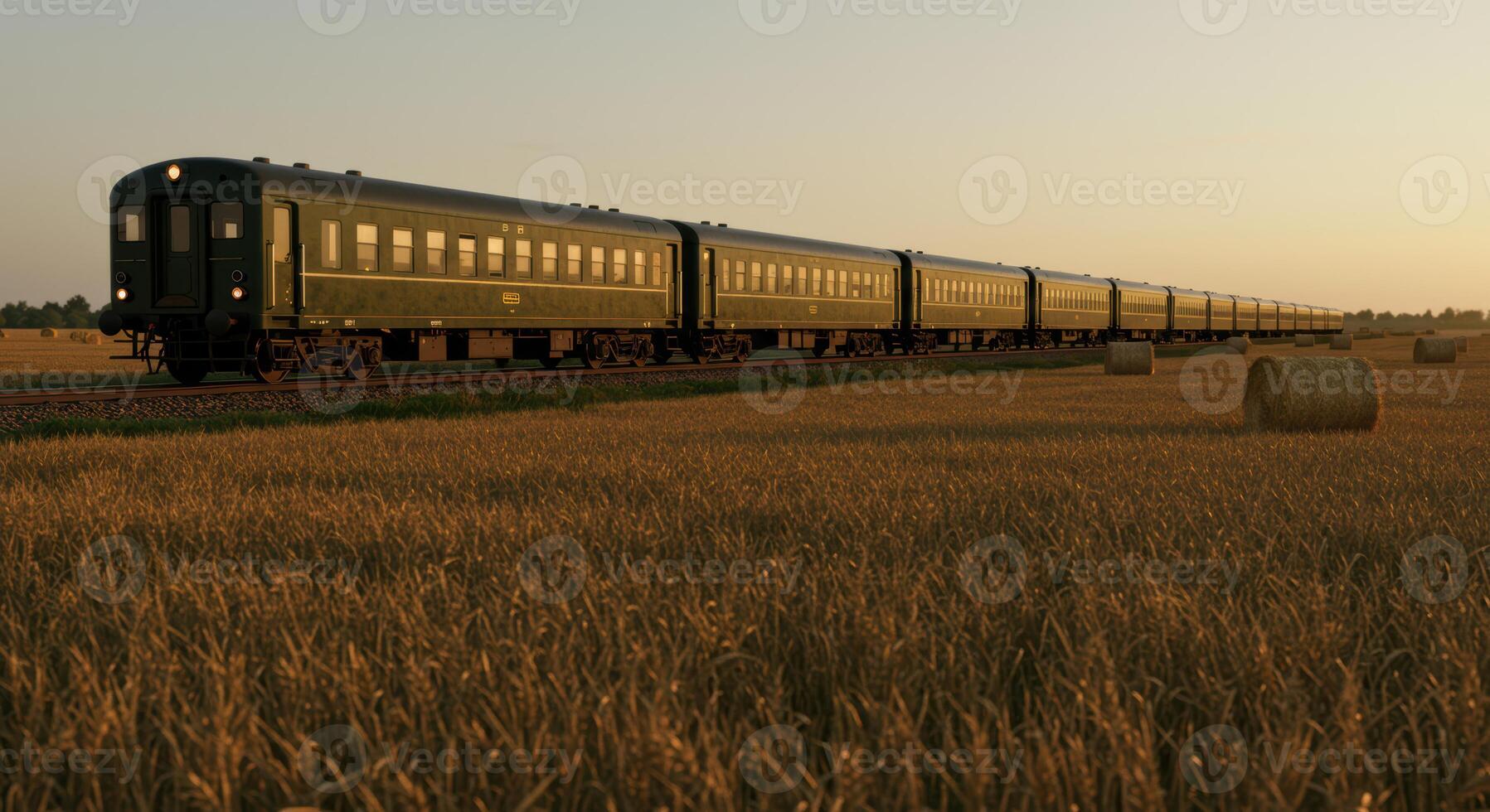 Vintage train glides through golden wheat field at sunset offering a nostalgic scenic view of rural transportation and a bygone era photo