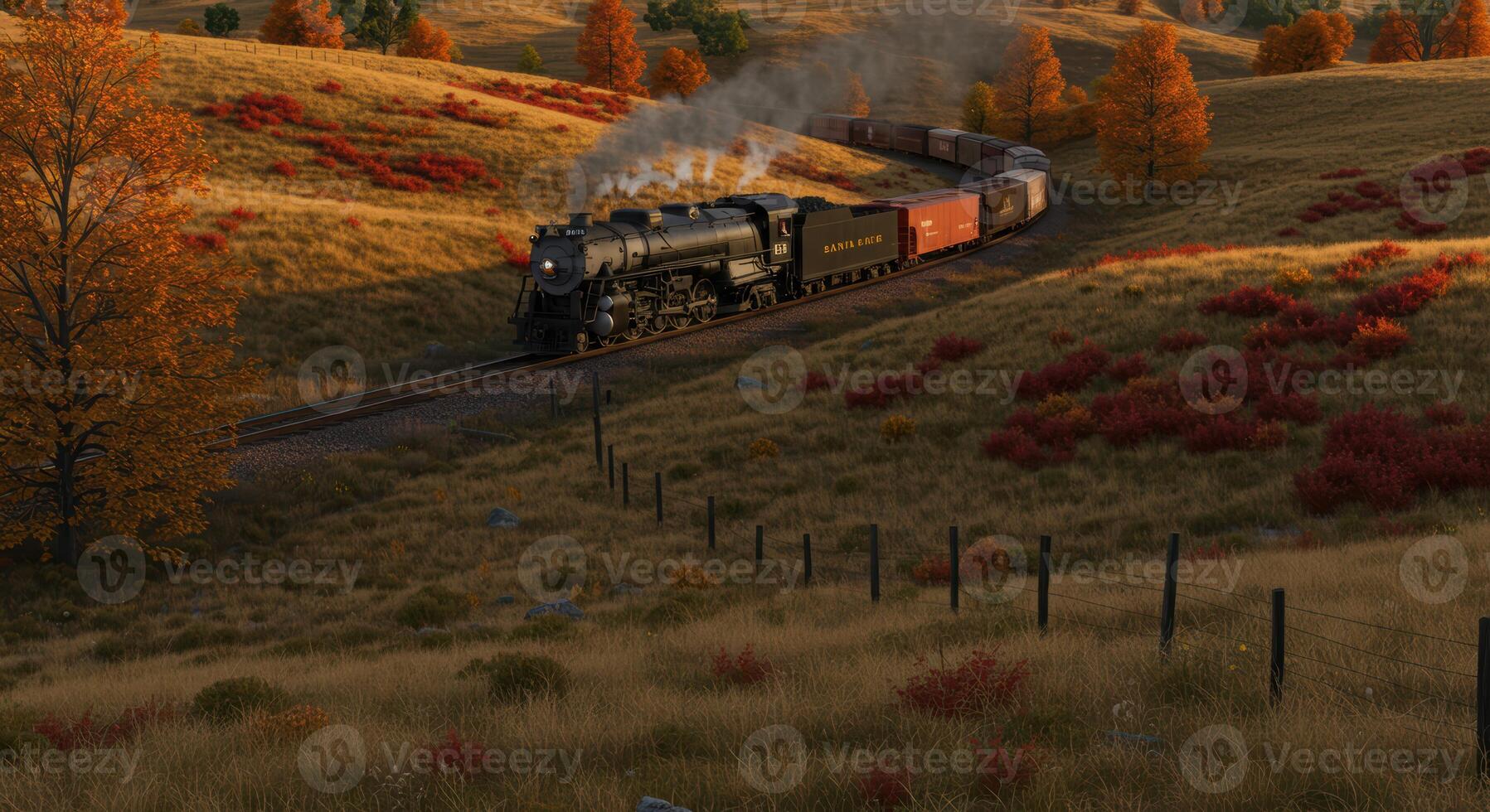 Vintage steam train journeys through golden autumn countryside evokes a sense of adventure and nostalgia photo