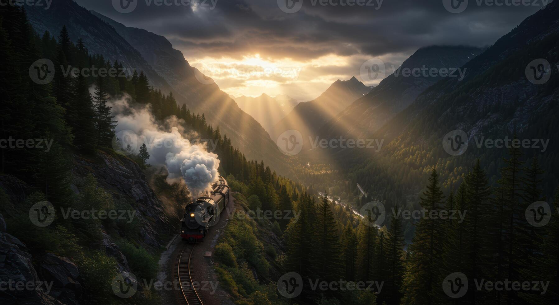 Majestic steam train traverses mountain valley under golden sunrays amid an enchanting wilderness scenery photo