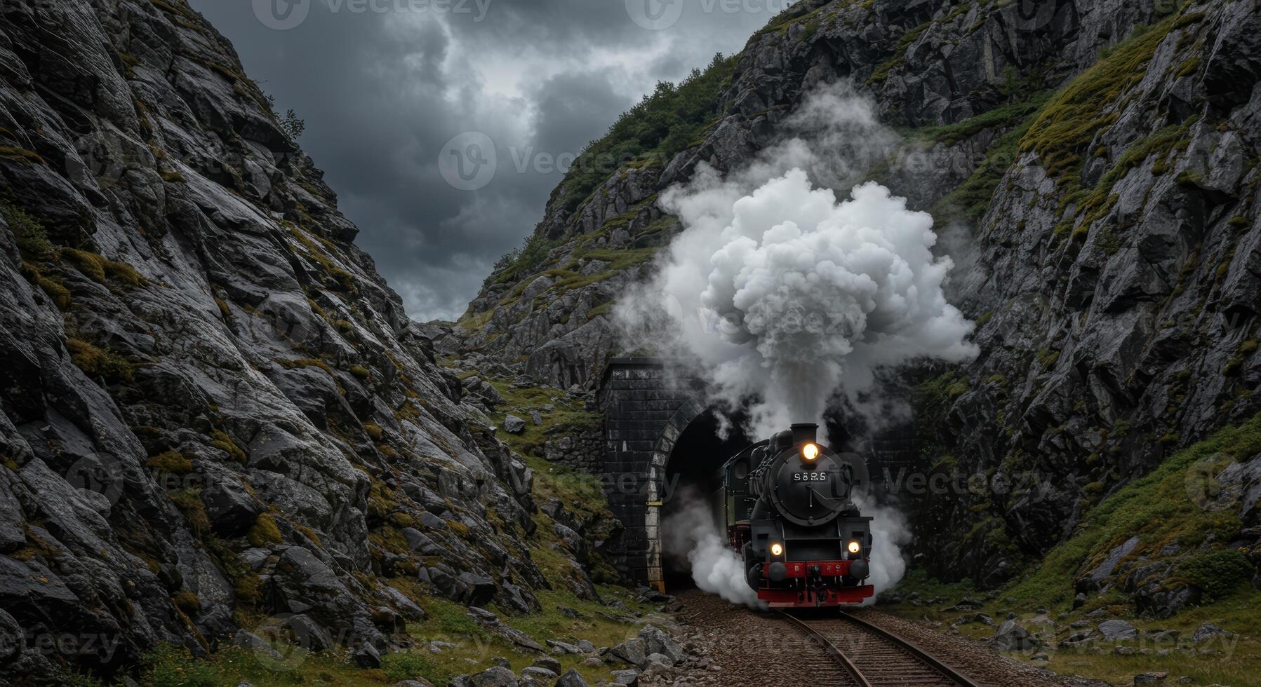 Historic steam train powerfully exiting from a dark tunnel in a breathtaking mountain pass photo