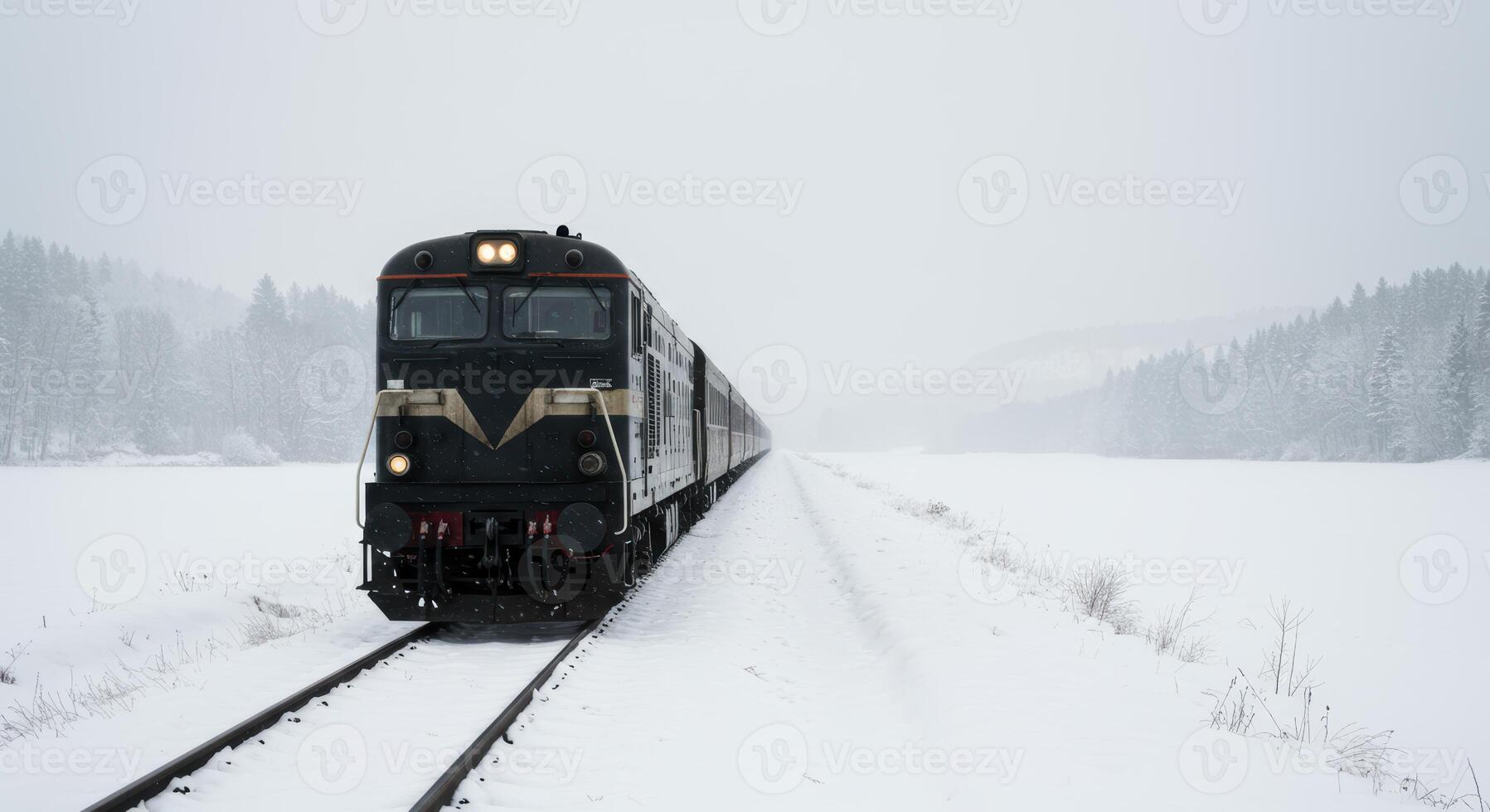 A black passenger train traverses a winter wonderland landscape through the snow and mountains delivering scenic cold weather travel photo