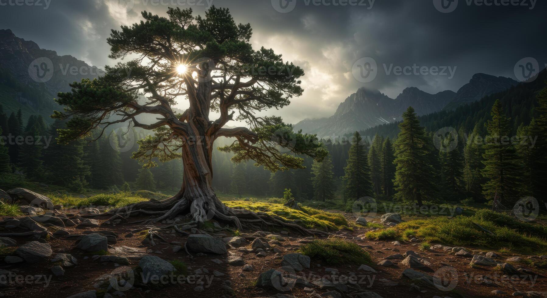 Lone majestic tree silhouetted against bright sunlight serene mountain landscape with dramatic sky and alpine forest background photo