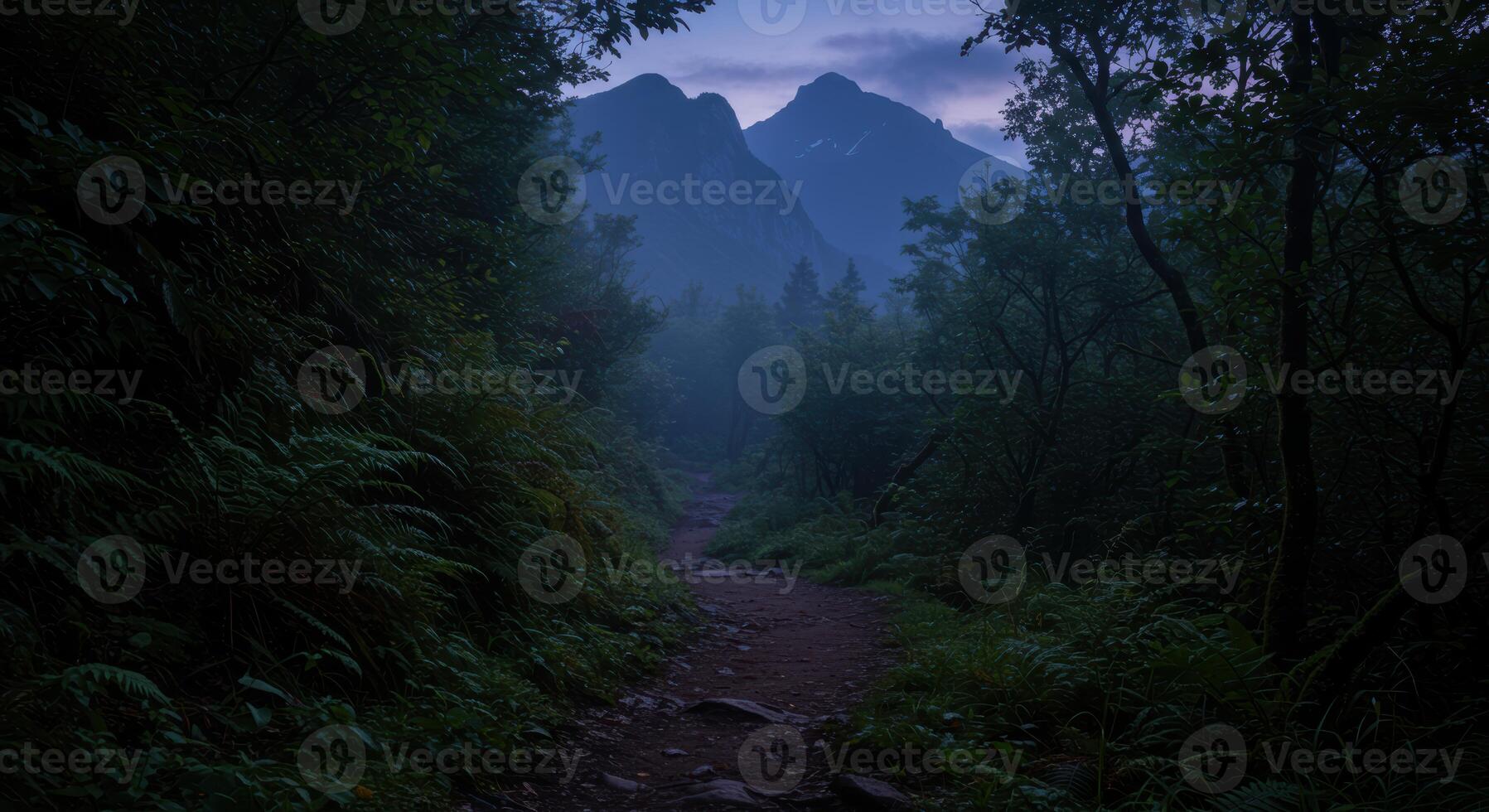 Misty mountain trail at twilight invites tranquil exploration of natures serene beauty and peaceful solitude photo