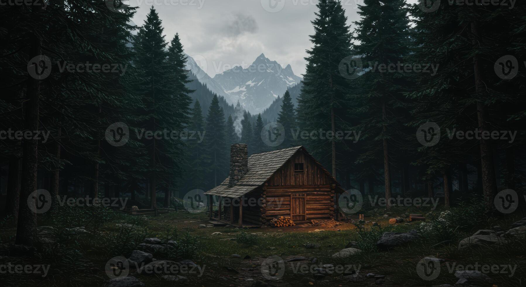 Remote log cabin nestled in a tranquil forest landscape with majestic mountains providing a peaceful escape photo