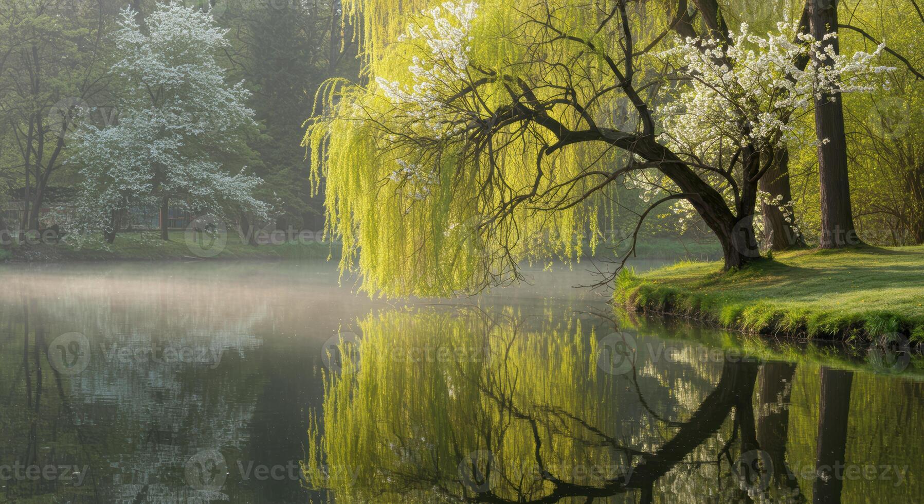 Tranquil lake reflecting weeping willow trees and flowering branches in a hazy spring morning landscape photo