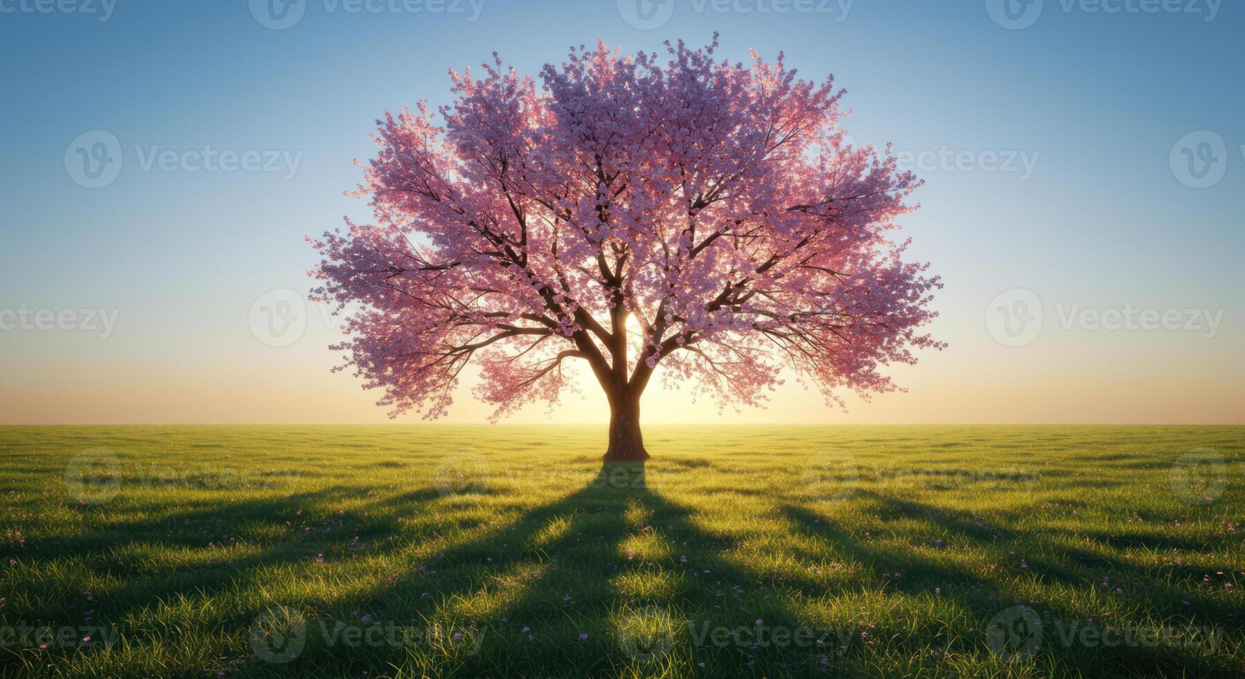 Beautiful pink blossom tree stands alone in a lush green field as the sun sets creating a scenic spring landscape photo