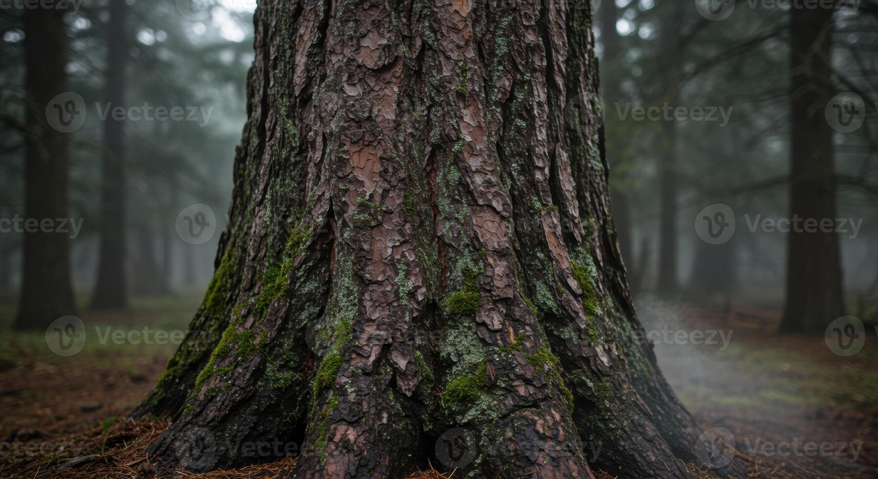 Mossy tree trunk stands firm in a mysterious foggy forest embodying natures resilience and timeless beauty photo