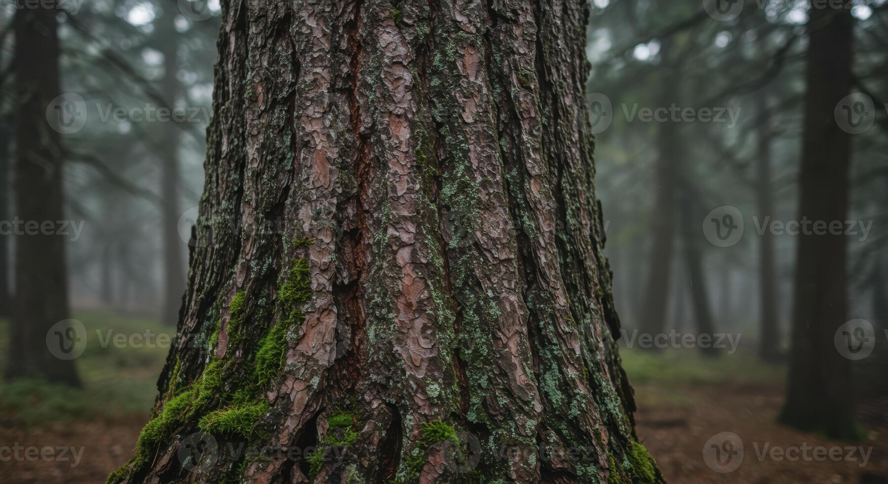 Misty forest scene featuring a textured tree trunk with moss creating a serene natural landscape photo