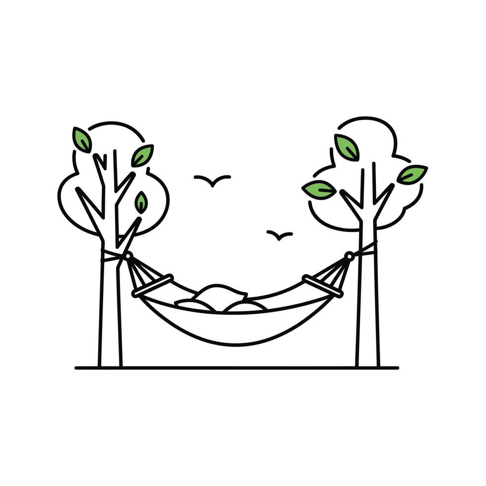 Hammock Line Art Illustration Black Green Trees Outdoors Relaxation vector