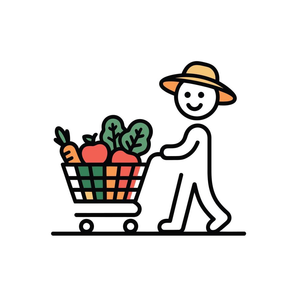 Happy Person Pushing Shopping Cart Filled with Red Apples Carrots and Greens vector