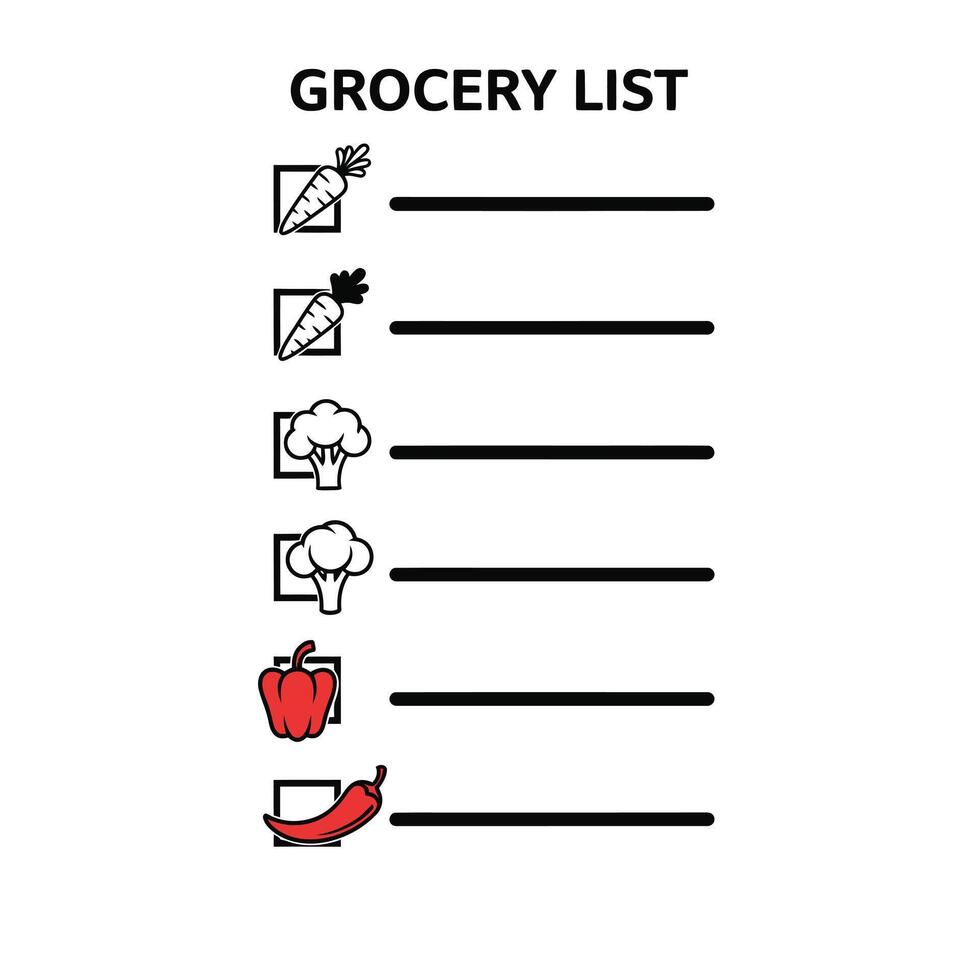 Black White Red Grocery List Template Carrots Broccoli Pepper Chili vector