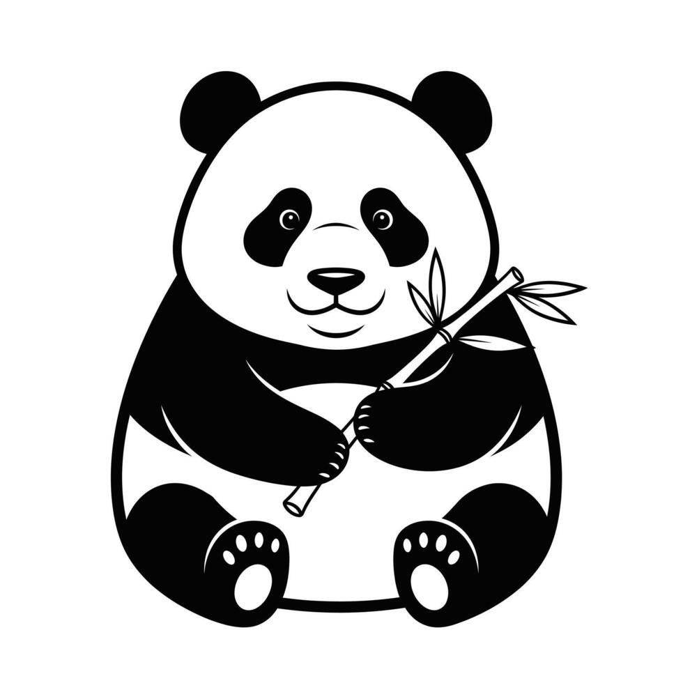 Cute Panda Bear Holding Bamboo Stick Black and White Illustration vector