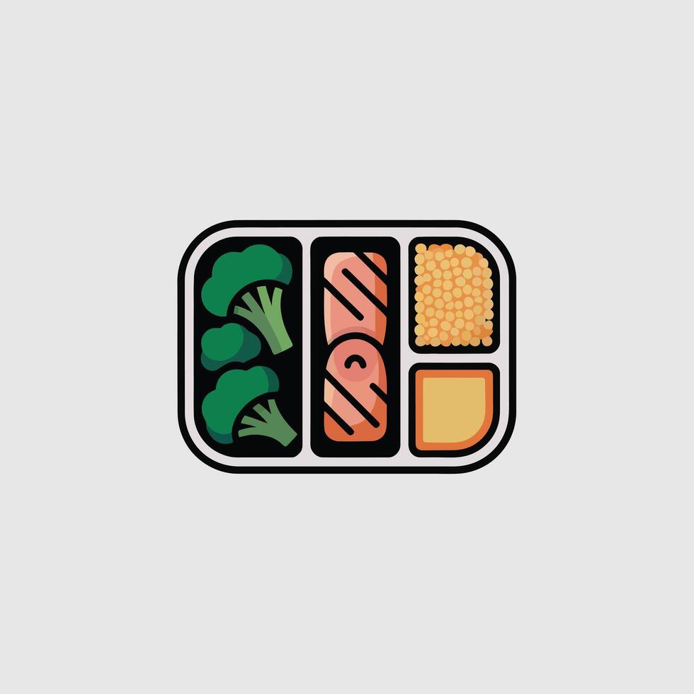 Lunchbox with Salmon Broccoli Peas and Cheese bento box vector
