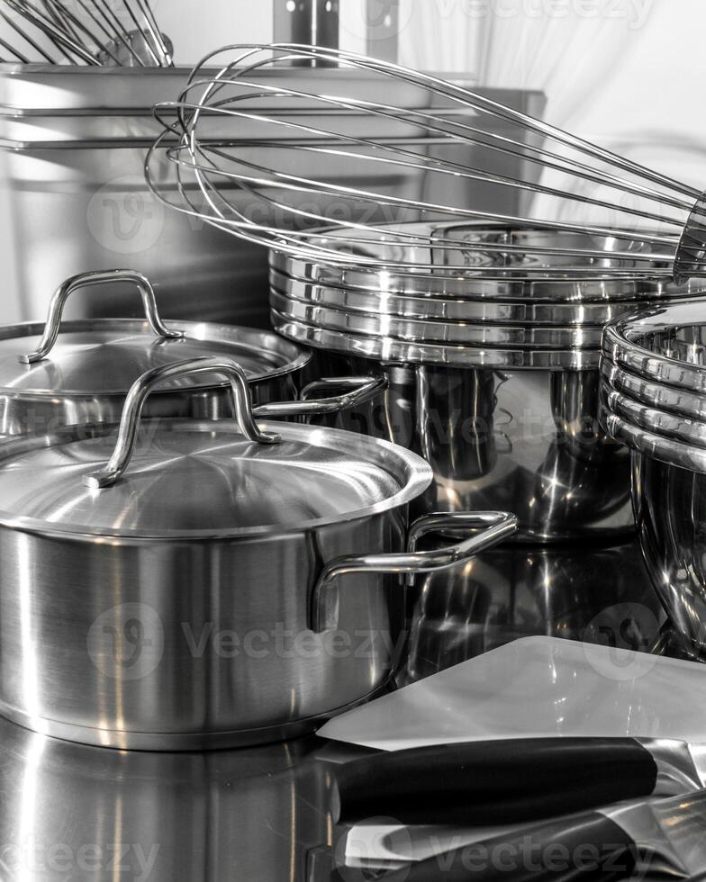 Glistening stainless steel kitchenware arrayed like a culinary orchestra, echoing the spirit of World Food Day and gastronomic innovation photo