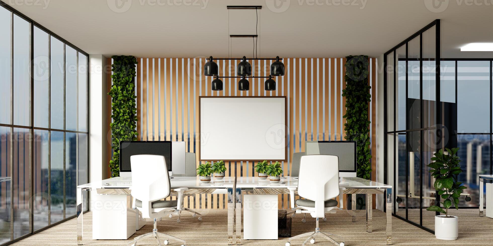 Sustainable office interior design promoting eco-friendly workspaces. 3D render illustration photo