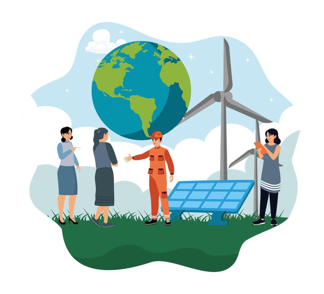 People collaborating on renewable energy with solar panels and wind turbines. vector