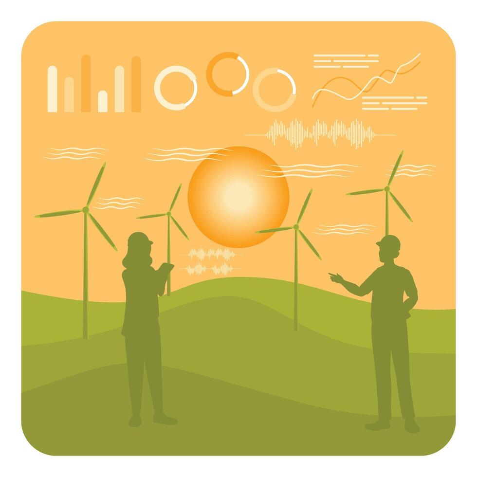 Engineers Experts Analyzing Wind Turbines and Virtual Data. vector
