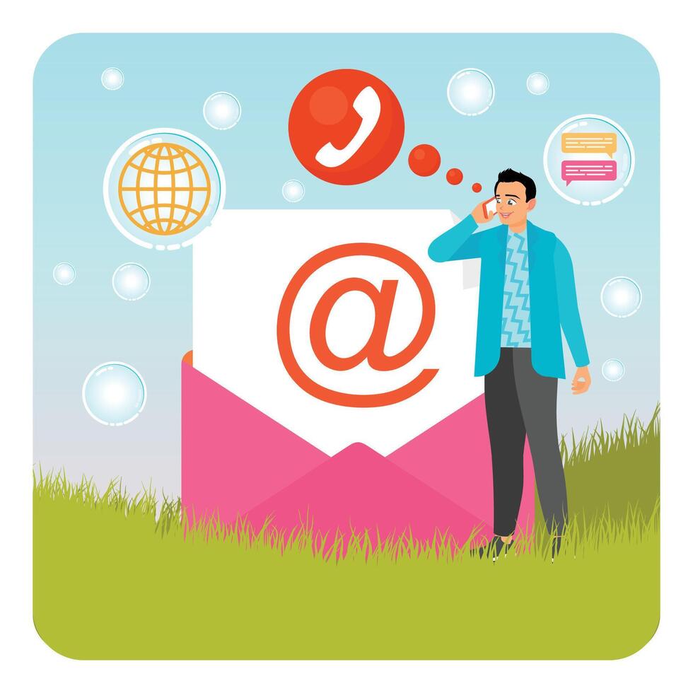 Contact the person. Man Communicating Through Digital Means with Email and Technology Depicted. vector
