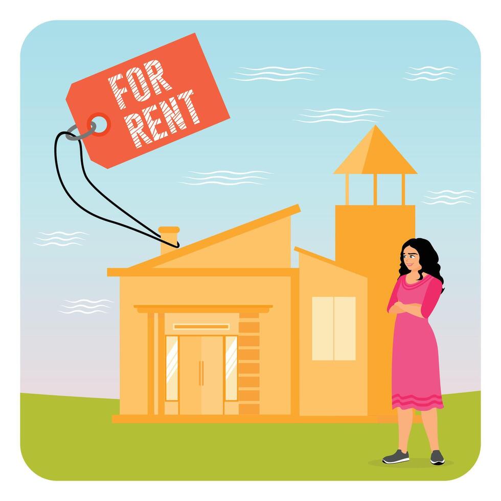 House for Rent. Woman Contemplating Renting a New Home with For Rent Tag. vector