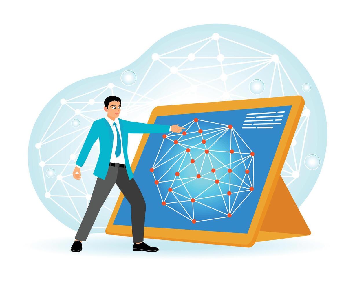 Artificial Intelligence. Student Analyzing a Network on a Large Digital Screen. vector
