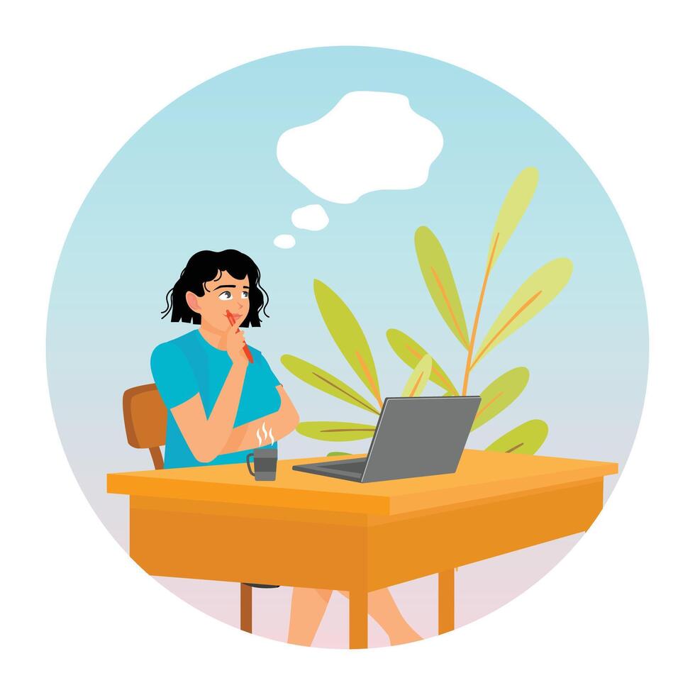 Creative Woman Thinking, Imagining or Creating Ideas at Workplace with Computer. vector