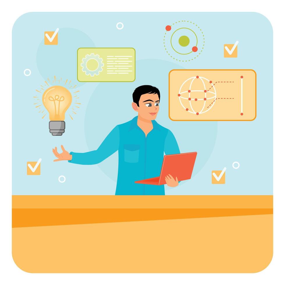 Qubit. Engineers Use Laptops to Design Quantum Computer Chips. vector