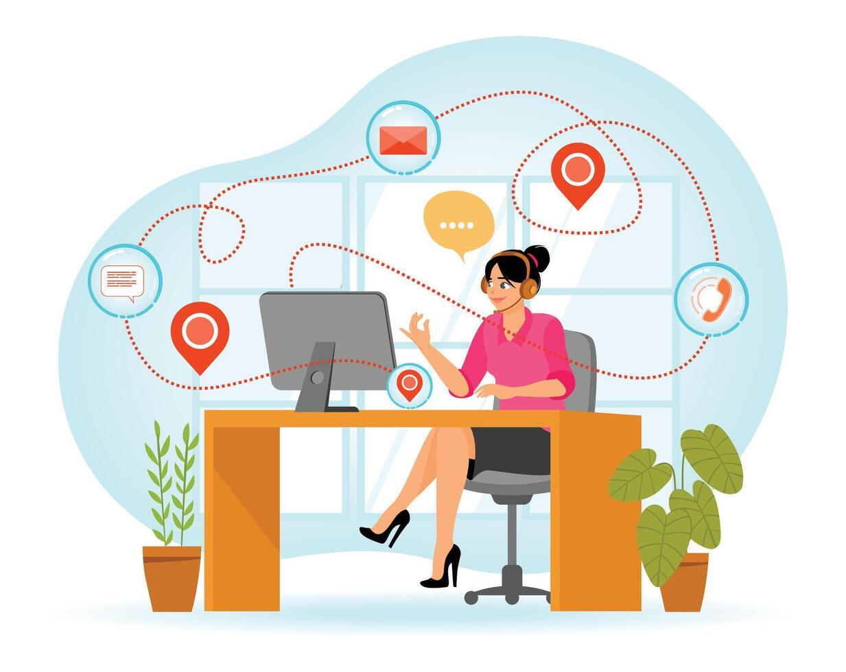 Contact Us, Woman Sitting in front of the Computer and Answering with a Microphone. vector