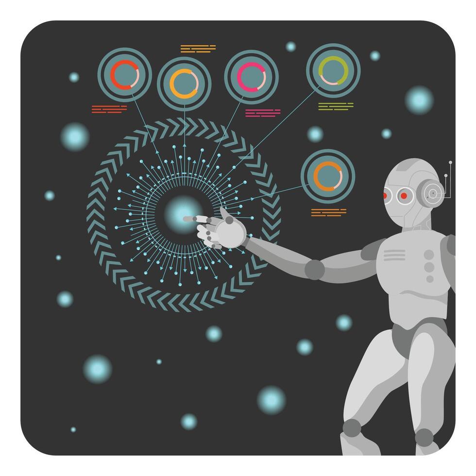 Robot Hand Voice Chats Interacting with Social Icons and Binary Earth. vector