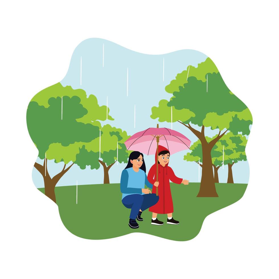 Mother and daughter walking in the rain under an umbrella. vector