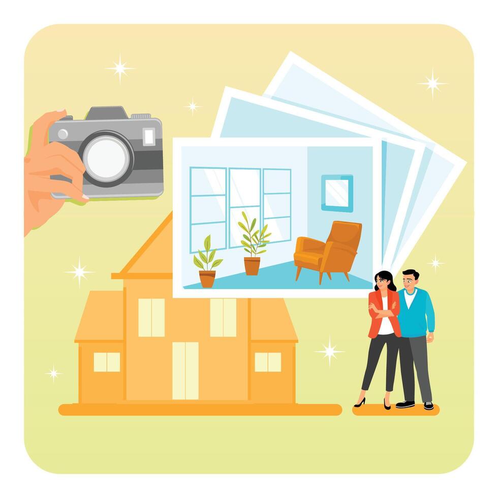 Real Estate Photography with Property Photos and Couple. vector