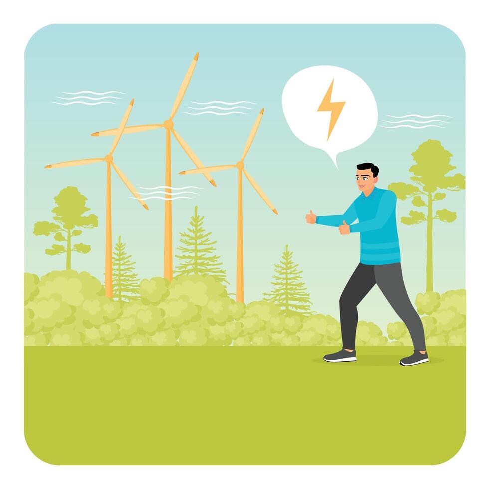 Man Supporting Renewable Energy with Wind Turbines in Nature Scene. vector
