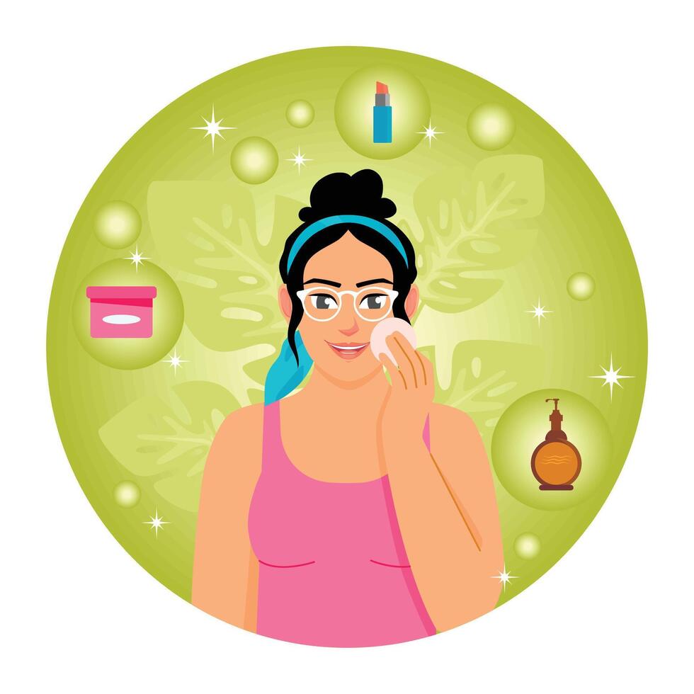 Woman Removing Makeup with Cosmetic Products on Green Background. vector
