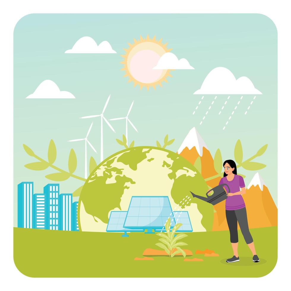 World Environment Day. Sustainable Energy Practices with Solar Panels and Wind Turbines. vector
