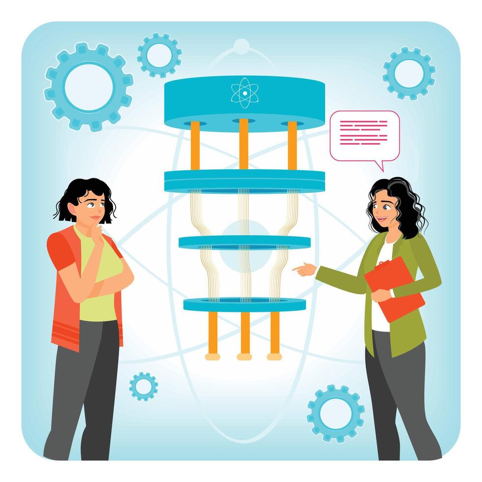 Quantum Computing. Two Women Discussing Quantum Computing with a Stylized Processor. vector