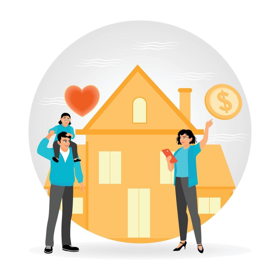 Real Estate Agent. Happy Family Talking with Woman Real Estate Agent About Buying of New Home. vector